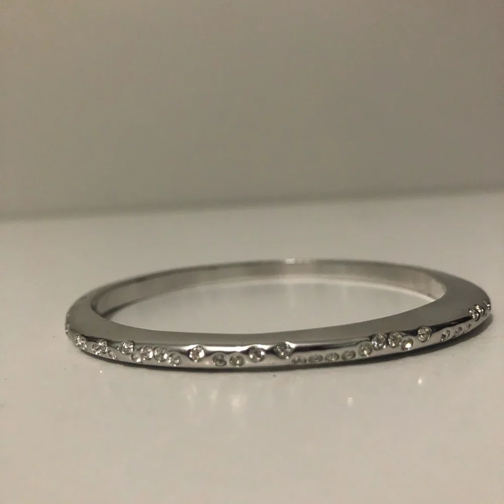 Swarovski Crystal Accent Bangle Bracelet Silvertone Asymmetrical